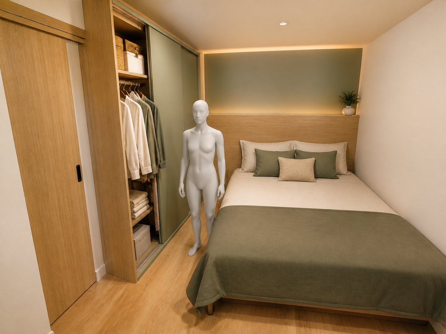 Render quase real do arranjo A, com armário raso verde e manequim em pé na passagem ao lado da cama