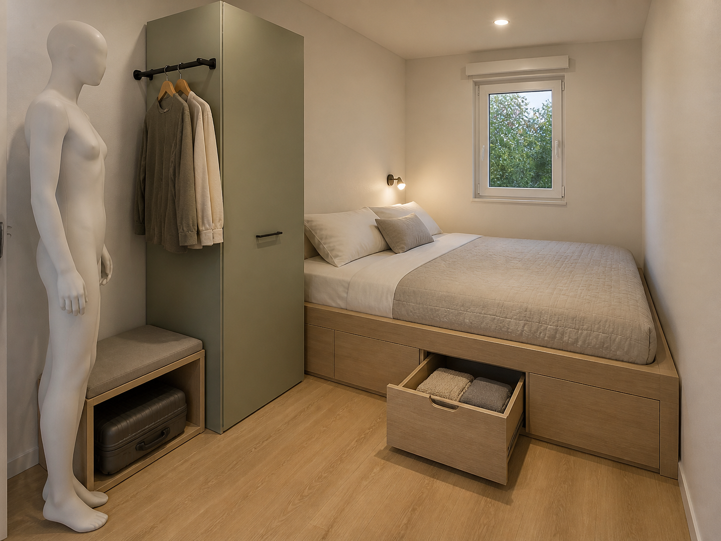 Render quase real do arranjo C, com cama-baú, torre verde, gaveta aberta e manequim em pé